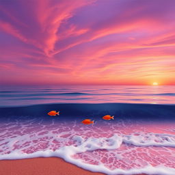 A beautiful seascape featuring a tranquil ocean with a deep purple sky, streaked with shades of orange and pink