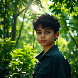A beautiful tall boy with black hair and gray eyes standing in a lush green forest