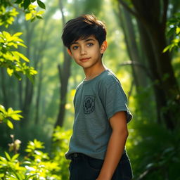 A beautiful tall boy with black hair and gray eyes standing in a lush green forest