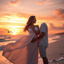 A romantic outdoor sunset scene featuring a couple embracing each other on a beautiful beach