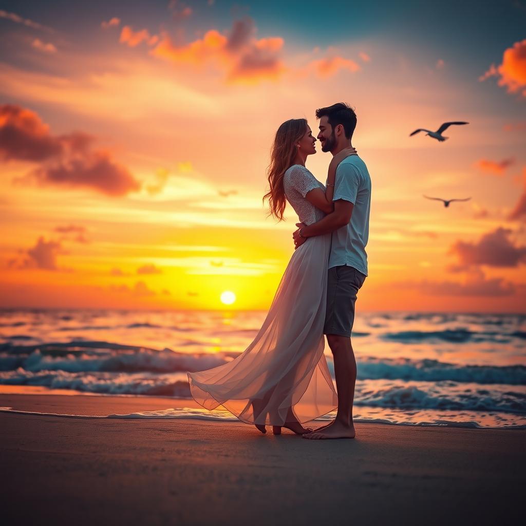 A romantic outdoor sunset scene featuring a couple embracing each other on a beautiful beach