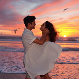A romantic outdoor sunset scene featuring a couple embracing each other on a beautiful beach