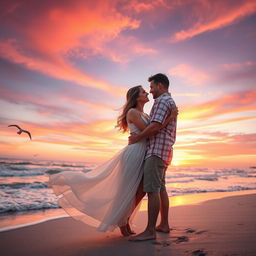 A romantic outdoor sunset scene featuring a couple embracing each other on a beautiful beach