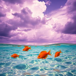 A tranquil sea scene featuring vibrant orange fish swimming gracefully in crystal clear water, set against a dramatic, cloudy sky that showcases various shades of purple, creating a surreal and enchanting atmosphere