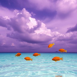 A tranquil sea scene featuring vibrant orange fish swimming gracefully in crystal clear water, set against a dramatic, cloudy sky that showcases various shades of purple, creating a surreal and enchanting atmosphere