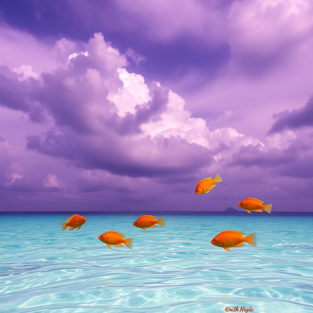 A tranquil sea scene featuring vibrant orange fish swimming gracefully in crystal clear water, set against a dramatic, cloudy sky that showcases various shades of purple, creating a surreal and enchanting atmosphere