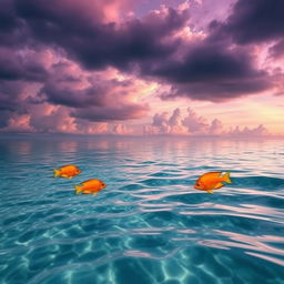 A tranquil sea scene featuring vibrant orange fish swimming gracefully in crystal clear water, set against a dramatic, cloudy sky that showcases various shades of purple, creating a surreal and enchanting atmosphere