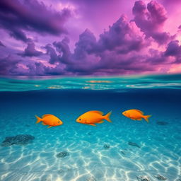 A tranquil sea scene featuring vibrant orange fish swimming gracefully in crystal clear water, set against a dramatic, cloudy sky that showcases various shades of purple, creating a surreal and enchanting atmosphere