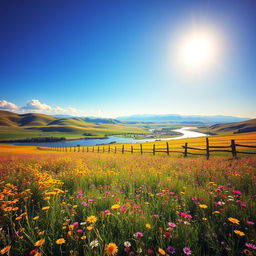 A vibrant and colorful landscape featuring a vast meadow filled with wildflowers in various shades of yellow, pink, and purple under a clear blue sky