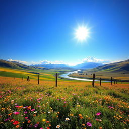 A vibrant and colorful landscape featuring a vast meadow filled with wildflowers in various shades of yellow, pink, and purple under a clear blue sky