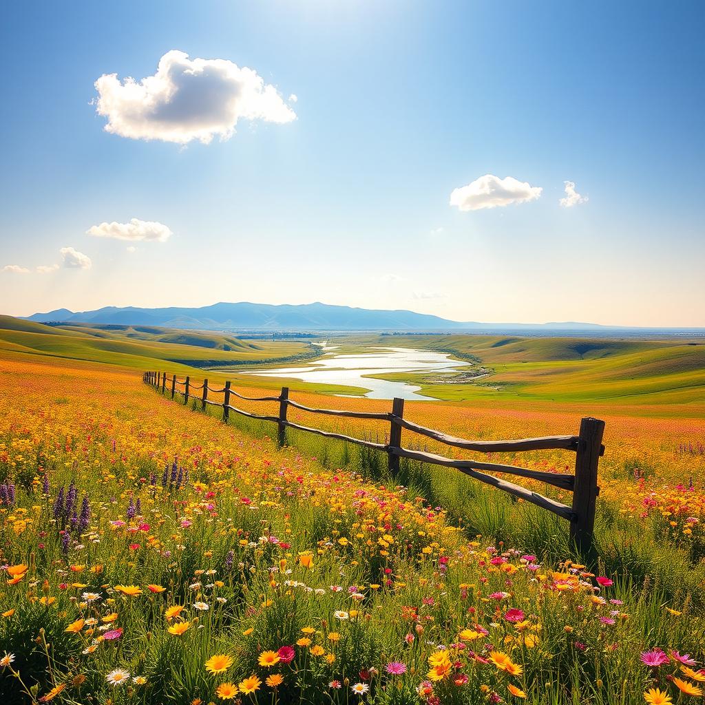 A vibrant and colorful landscape featuring a vast meadow filled with wildflowers in various shades of yellow, pink, and purple under a clear blue sky