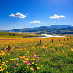 A vibrant and colorful landscape featuring a vast meadow filled with wildflowers in various shades of yellow, pink, and purple under a clear blue sky