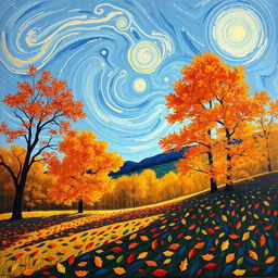 A vibrant autumn landscape inspired by Vincent van Gogh, featuring swirling skies in shades of blue and gold, with a lush forest of trees displaying bright orange, red, and yellow leaves