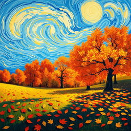A vibrant autumn landscape inspired by Vincent van Gogh, featuring swirling skies in shades of blue and gold, with a lush forest of trees displaying bright orange, red, and yellow leaves