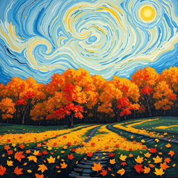 A vibrant autumn landscape inspired by Vincent van Gogh, featuring swirling skies in shades of blue and gold, with a lush forest of trees displaying bright orange, red, and yellow leaves