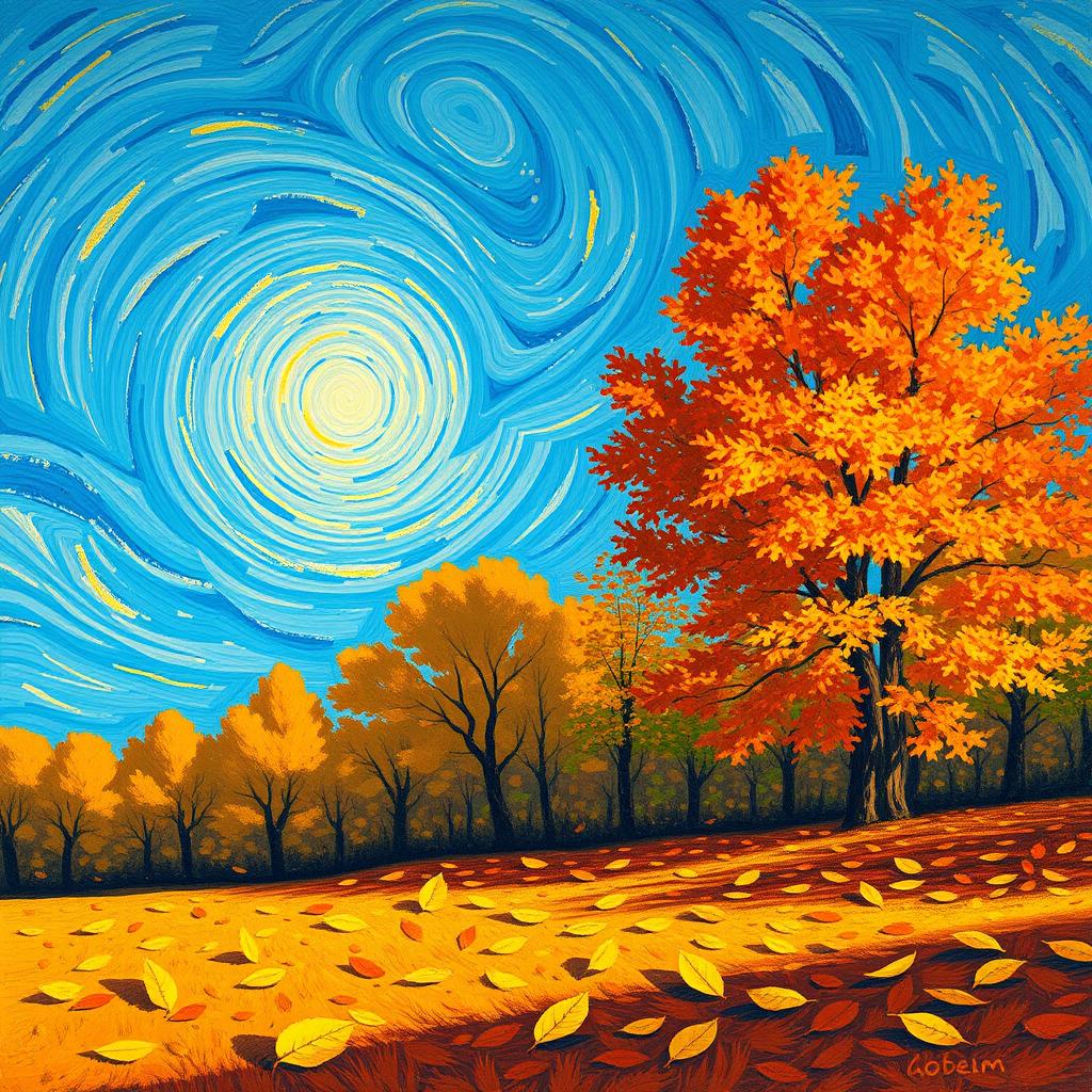 A vibrant autumn landscape inspired by Vincent van Gogh, featuring swirling skies in shades of blue and gold, with a lush forest of trees displaying bright orange, red, and yellow leaves
