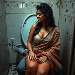 A seductive Telugu woman in her early 20s, wearing a transparent bra and a saree, sitting in the lap of a 50-year-old man in a couple's photoshoot