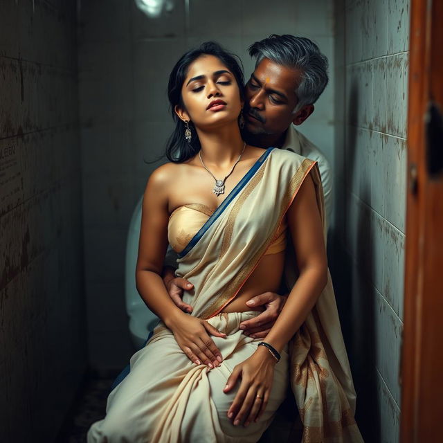 A seductive Telugu woman in her early 20s, wearing a transparent bra and a saree, sitting in the lap of a 50-year-old man in a couple's photoshoot