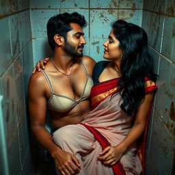 A seductive Telugu woman in her early 20s, wearing a transparent bra and a saree, sitting in the lap of a 50-year-old man in a couple's photoshoot