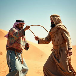 A dramatic scene depicting two Arabic men, one striking the other with a traditional whip