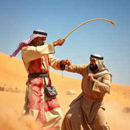 A dramatic scene depicting two Arabic men, one striking the other with a traditional whip
