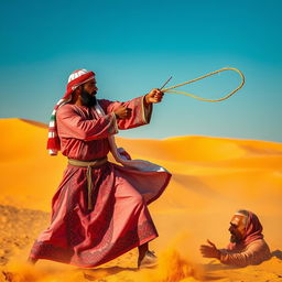 A dramatic scene depicting two Arabic men, one striking the other with a traditional whip