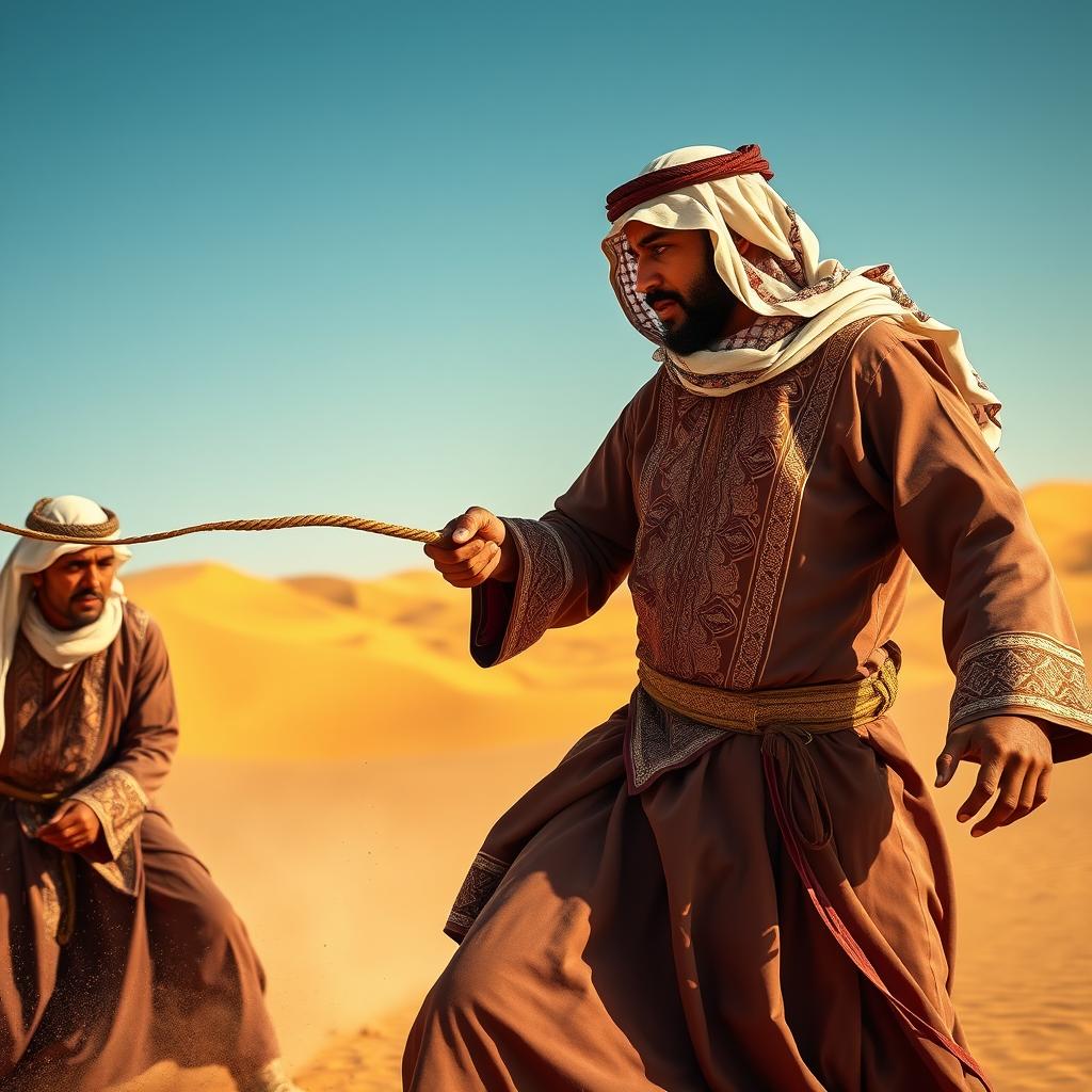 A dramatic scene depicting two Arabic men, one striking the other with a traditional whip