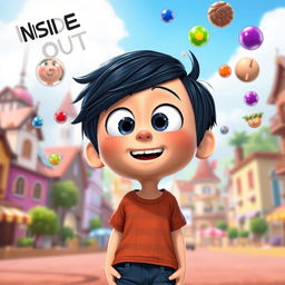 A young boy character resembling Riley Anderson from Inside Out 2, with black hair, displaying an expressive face filled with excitement and curiosity