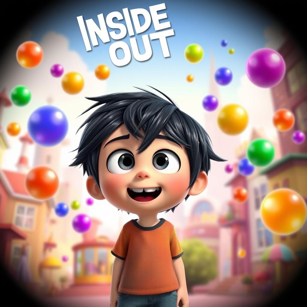 A young boy character resembling Riley Anderson from Inside Out 2, with black hair, displaying an expressive face filled with excitement and curiosity