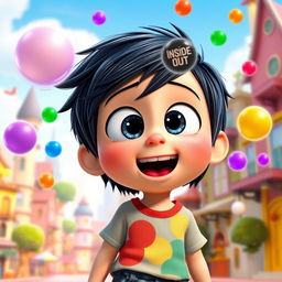 A young boy character resembling Riley Anderson from Inside Out 2, with black hair, displaying an expressive face filled with excitement and curiosity
