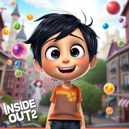 A young boy character resembling Riley Anderson from Inside Out 2, with black hair, displaying an expressive face filled with excitement and curiosity