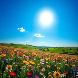 A vibrant and colorful landscape featuring a vast field of wildflowers in full bloom under a bright blue sky