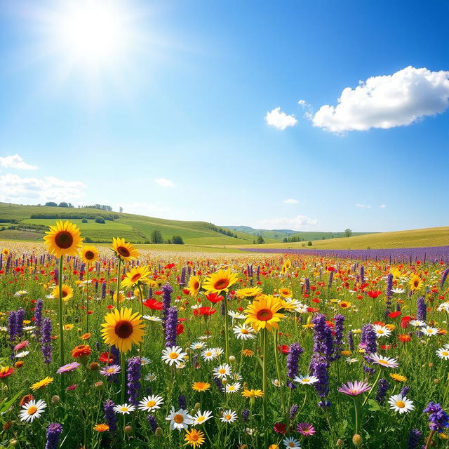 A vibrant and colorful landscape featuring a vast field of wildflowers in full bloom under a bright blue sky