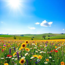 A vibrant and colorful landscape featuring a vast field of wildflowers in full bloom under a bright blue sky
