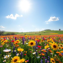 A vibrant and colorful landscape featuring a vast field of wildflowers in full bloom under a bright blue sky