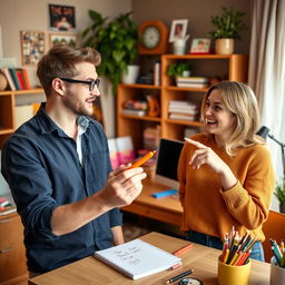 A light-hearted conversation between two friends, Sam and Sue, in a cozy room filled with colorful items