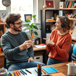 A light-hearted conversation between two friends, Sam and Sue, in a cozy room filled with colorful items