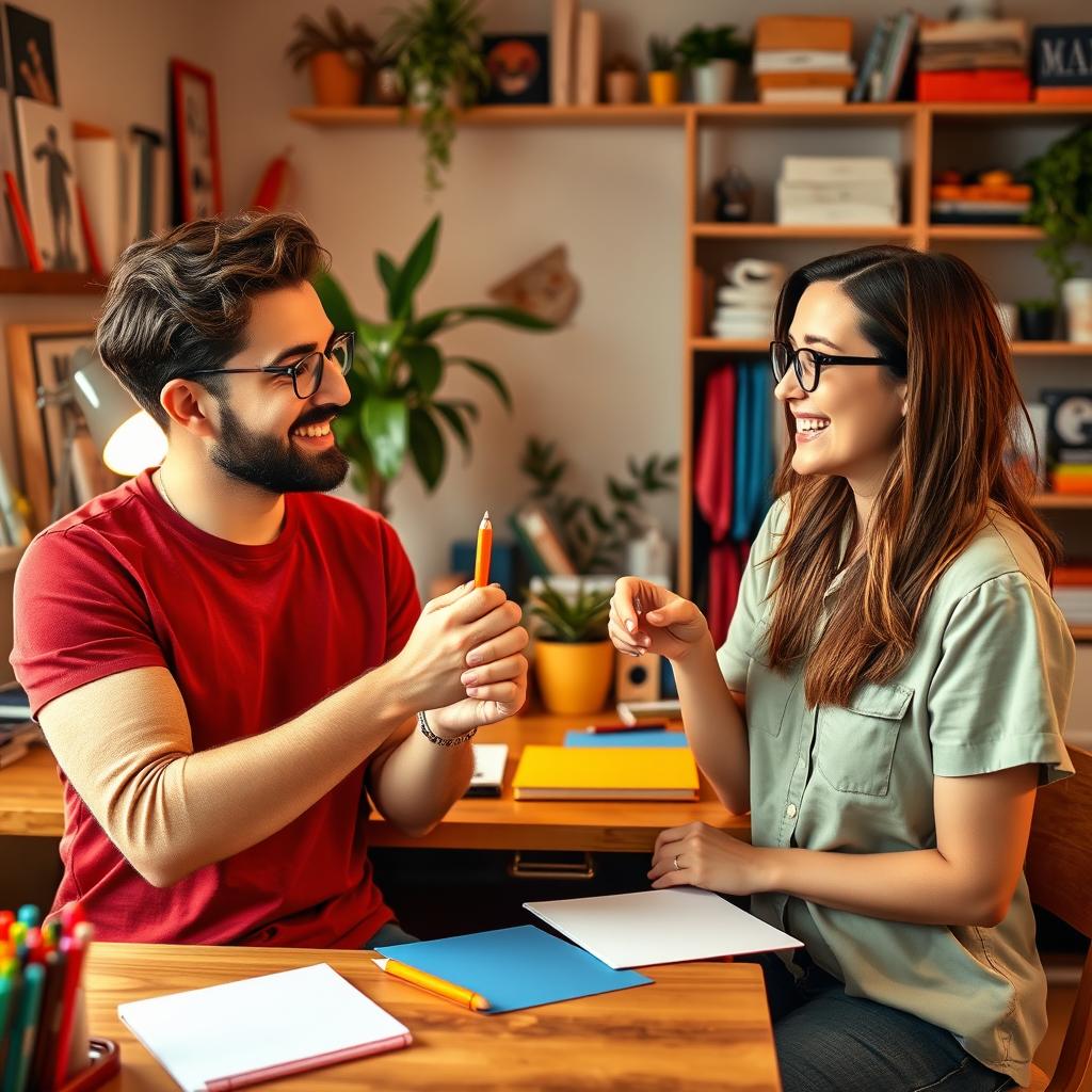 A light-hearted conversation between two friends, Sam and Sue, in a cozy room filled with colorful items