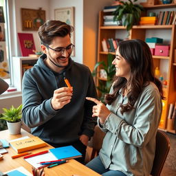 A light-hearted conversation between two friends, Sam and Sue, in a cozy room filled with colorful items