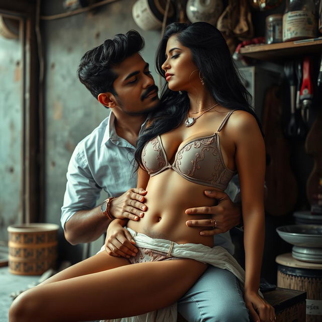 A seductive Telugu woman in her early 30s, wearing a transparent bra and panty that showcases her hot cleavage and deep navel, is sitting in the lap of a 40-year-old man during a couple's photoshoot