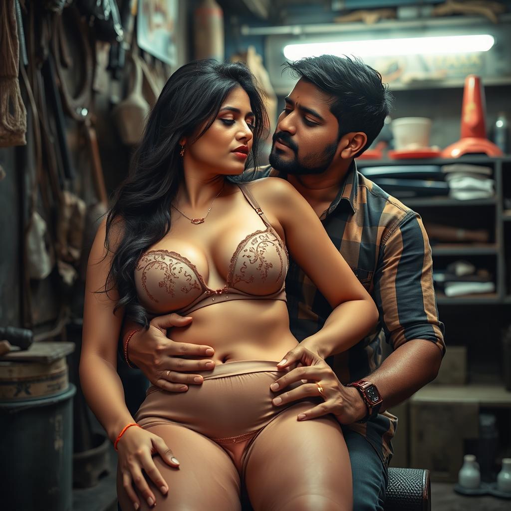 A seductive Telugu woman in her early 30s, wearing a transparent bra and panty that showcases her hot cleavage and deep navel, is sitting in the lap of a 40-year-old man during a couple's photoshoot