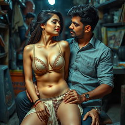 A seductive Telugu woman in her early 30s, wearing a transparent bra and panty that showcases her hot cleavage and deep navel, is sitting in the lap of a 40-year-old man during a couple's photoshoot