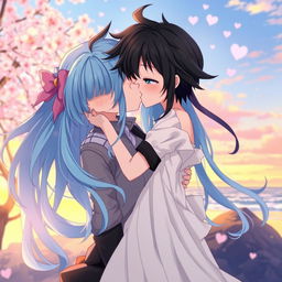 An anime-style scene depicting a handsome boy with large blue eyes and black hair, sharing a tender kiss with a beautiful girl who has long sky-blue hair