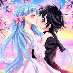 An anime-style scene depicting a handsome boy with large blue eyes and black hair, sharing a tender kiss with a beautiful girl who has long sky-blue hair