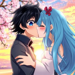 An anime-style scene depicting a handsome boy with large blue eyes and black hair, sharing a tender kiss with a beautiful girl who has long sky-blue hair