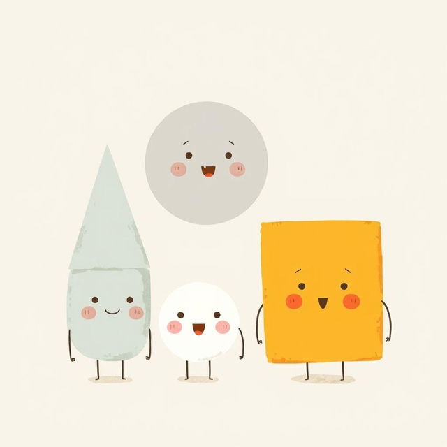 A whimsical illustration featuring various shapes inspired by Jon Klassen's style