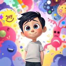 A stylized illustration of Riley Anderson as a boy in the animated world of Inside Out 2, featuring him with short black hair, expressive eyes, and wearing casual clothing that resembles his original character's style