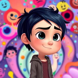 A stylized illustration of Riley Anderson as a boy in the animated world of Inside Out 2, featuring him with short black hair, expressive eyes, and wearing casual clothing that resembles his original character's style