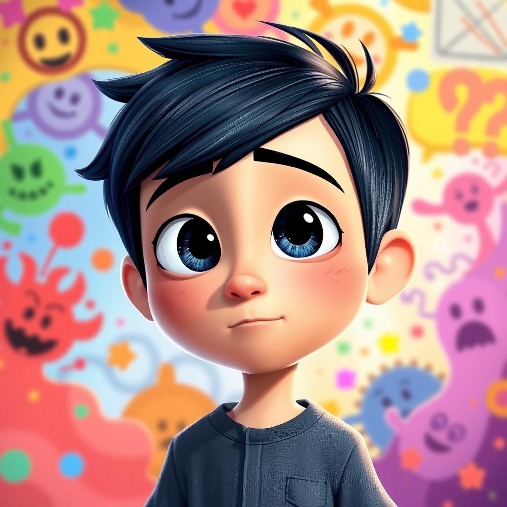 A stylized illustration of Riley Anderson as a boy in the animated world of Inside Out 2, featuring him with short black hair, expressive eyes, and wearing casual clothing that resembles his original character's style