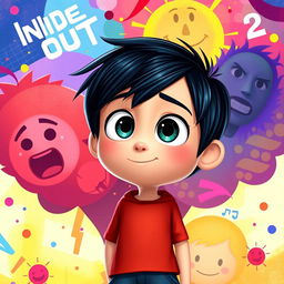 A stylized illustration of Riley Anderson as a boy in the animated world of Inside Out 2, featuring him with short black hair, expressive eyes, and wearing casual clothing that resembles his original character's style
